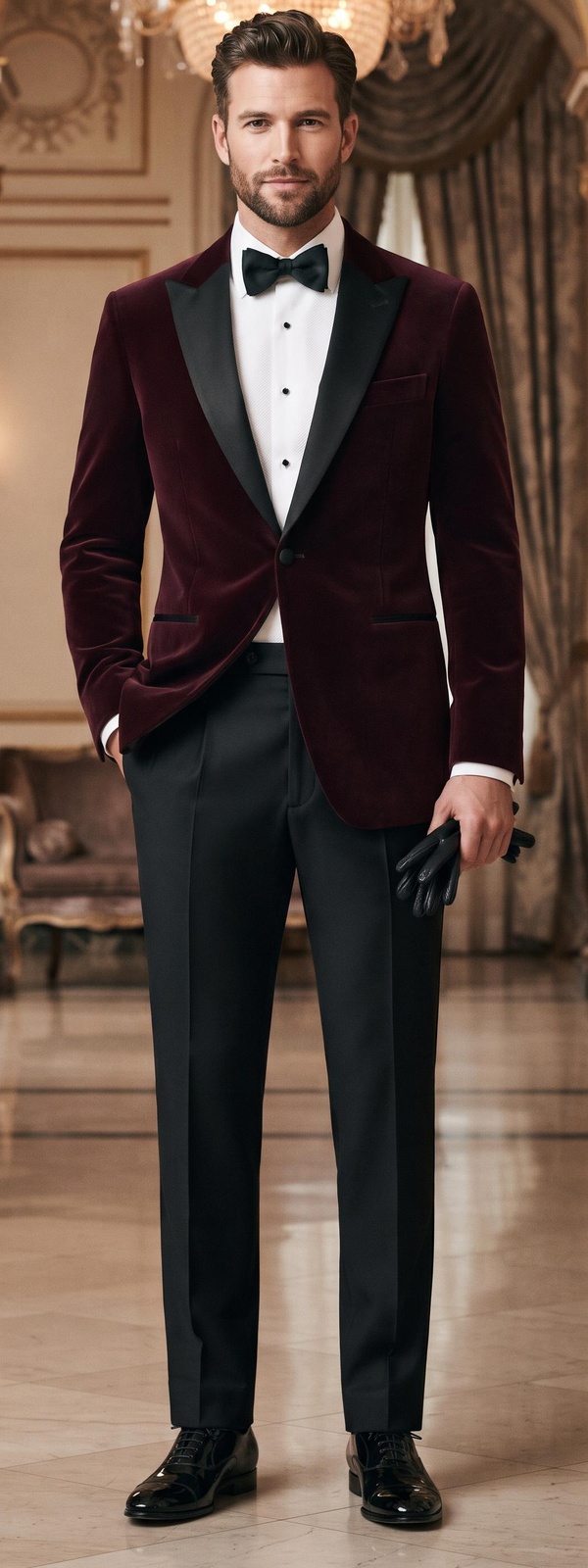 Burgundy Velvet Tuxedo Dinner Jacket with Black Peak Lapels and Tuxedo Pants