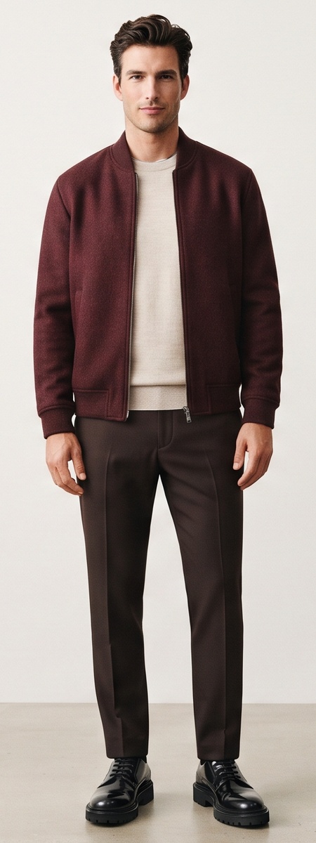 Modern Burgundy Wool Bomber Oatmeal Knit Sweater and Brown Dress Pants Look