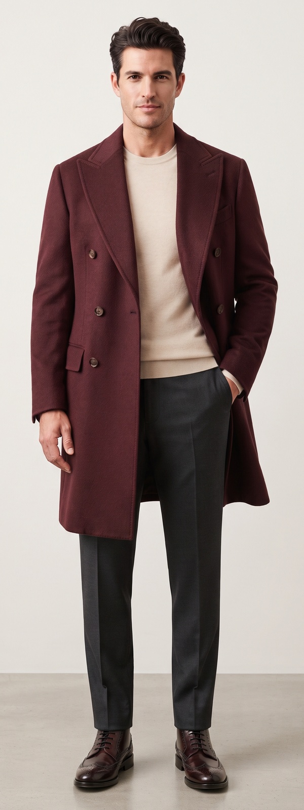 Sartorial Burgundy Wool Double Breasted Overcoat Cream Knit and Charcoal Flannels Look