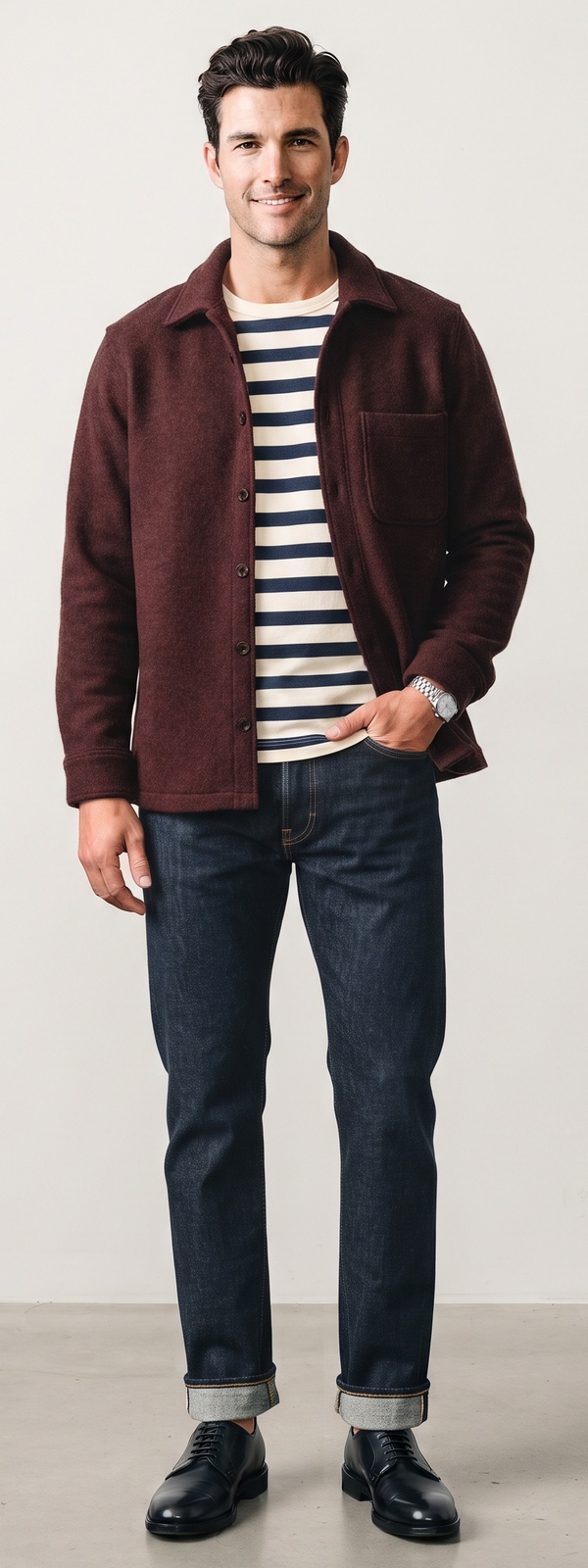 Rich Burgundy Wool Overshirt Breton Stripe Tee and Indigo Denim Look