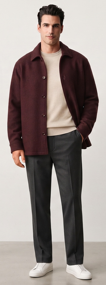 Refined Burgundy Wool Overshirt Oatmeal Sweater and Grey Dress Pants Look