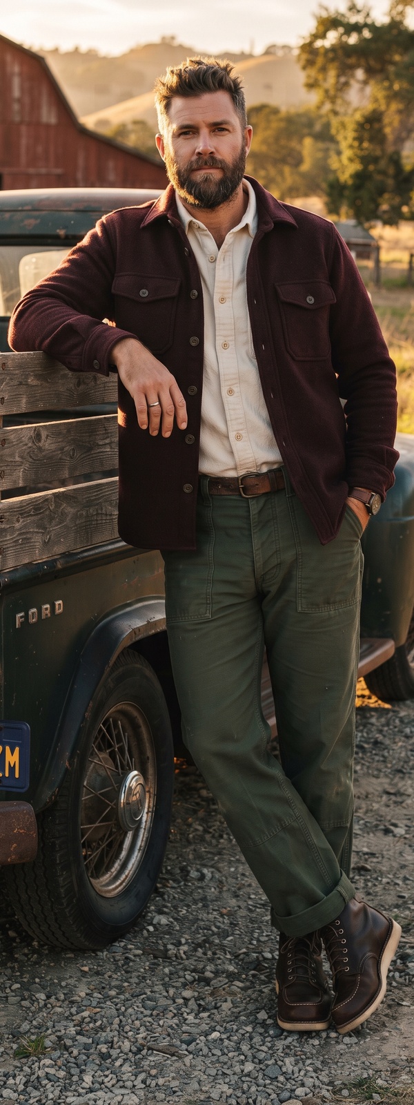 Rustic Autumn Burgundy Wool Shirt Jacket and Olive Fatigue Pants Look