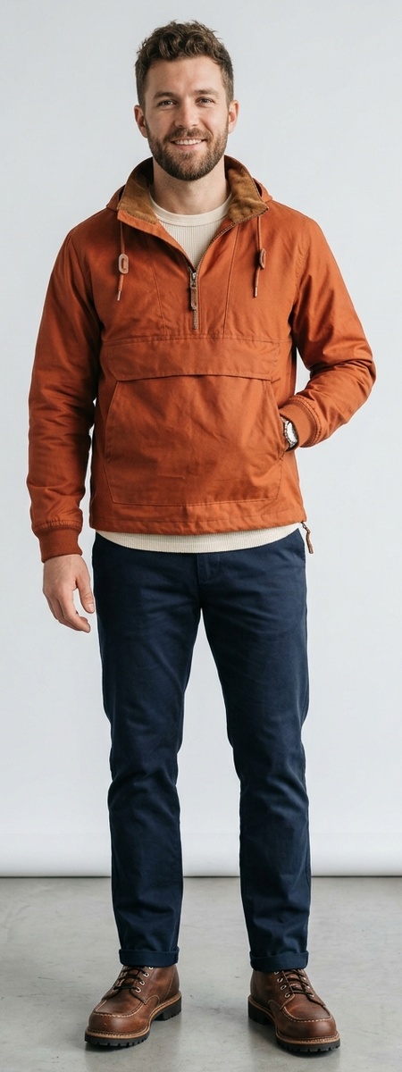 Burnt Orange Waxed Cotton Half-Zip Anorak with Navy Chinos and Moc-Toe Work Boots