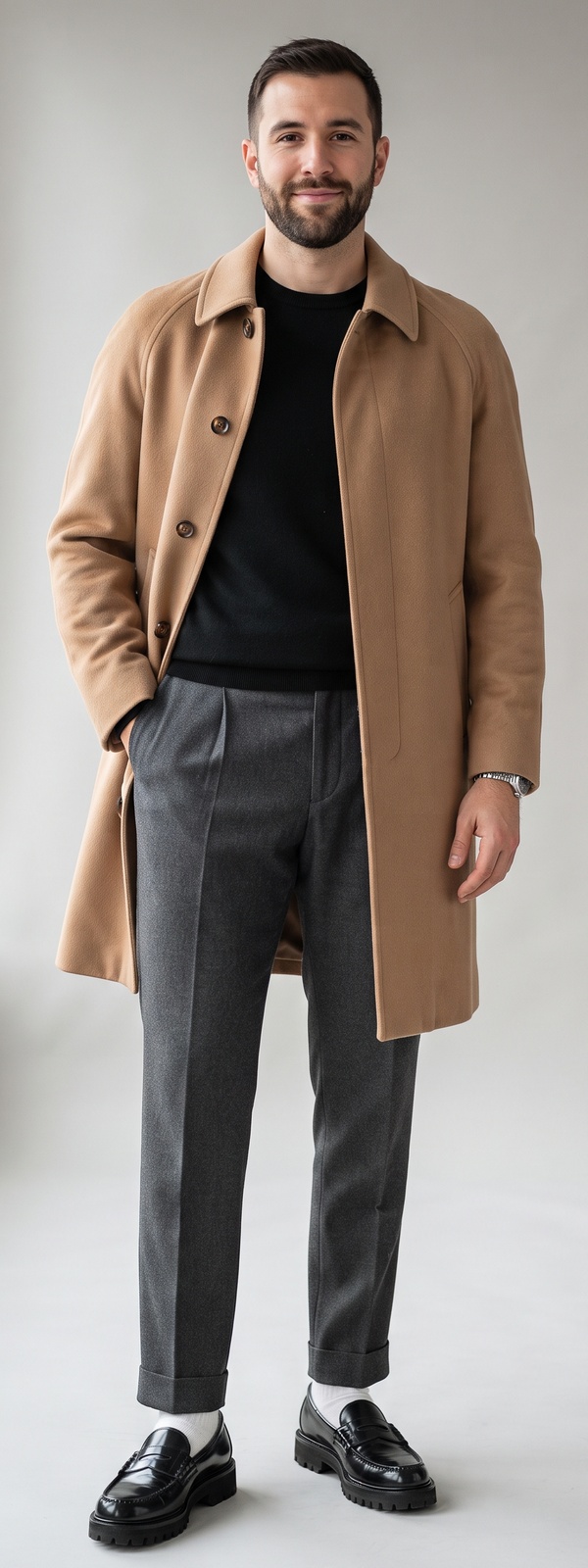 Minimalist Camel Balmacaan Overcoat and Charcoal Pleated Flannel Pants Outfit