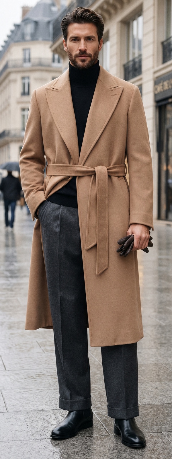 Camel Belted Overcoat, Black Turtleneck, and Grey Flannel Trousers