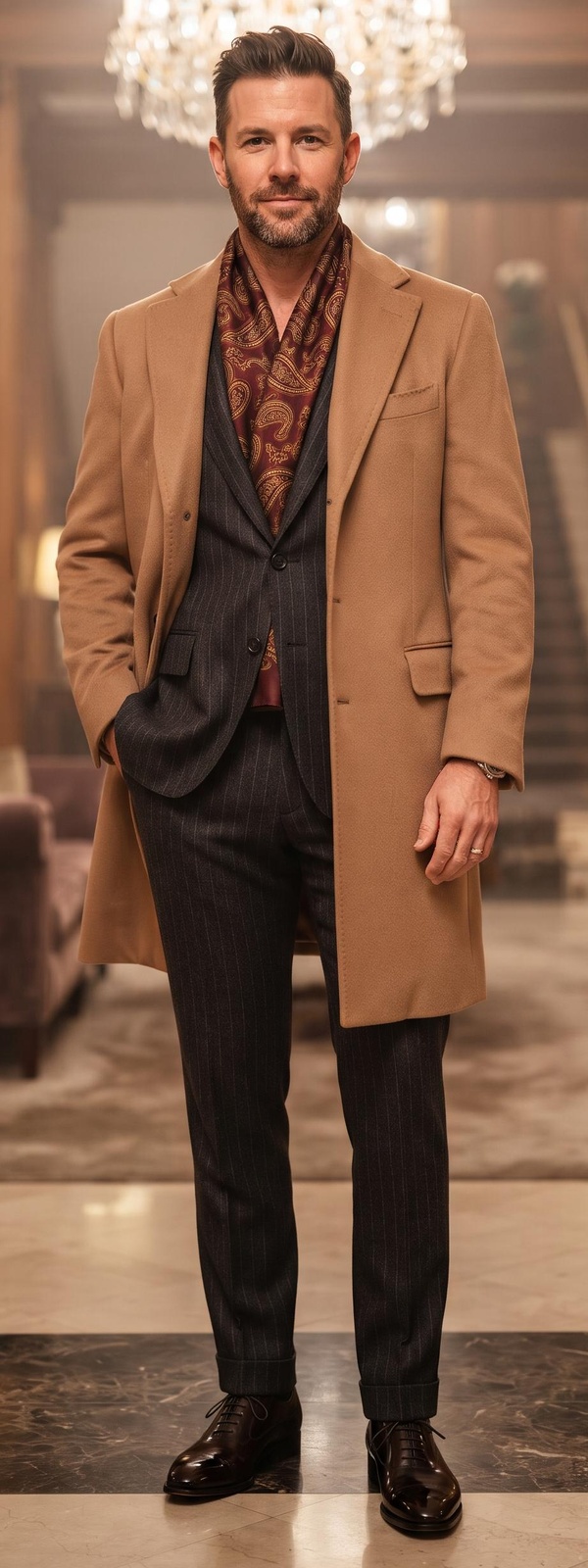 Camel Cashmere Overcoat, Pinstripe Suit & Paisley Silk Scarf