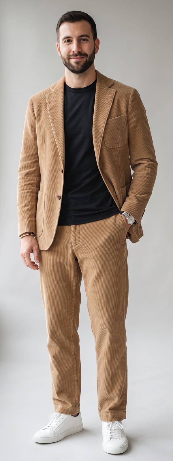 Relaxed Camel Corduroy Suit With Black Crewneck T-Shirt and White Sneakers