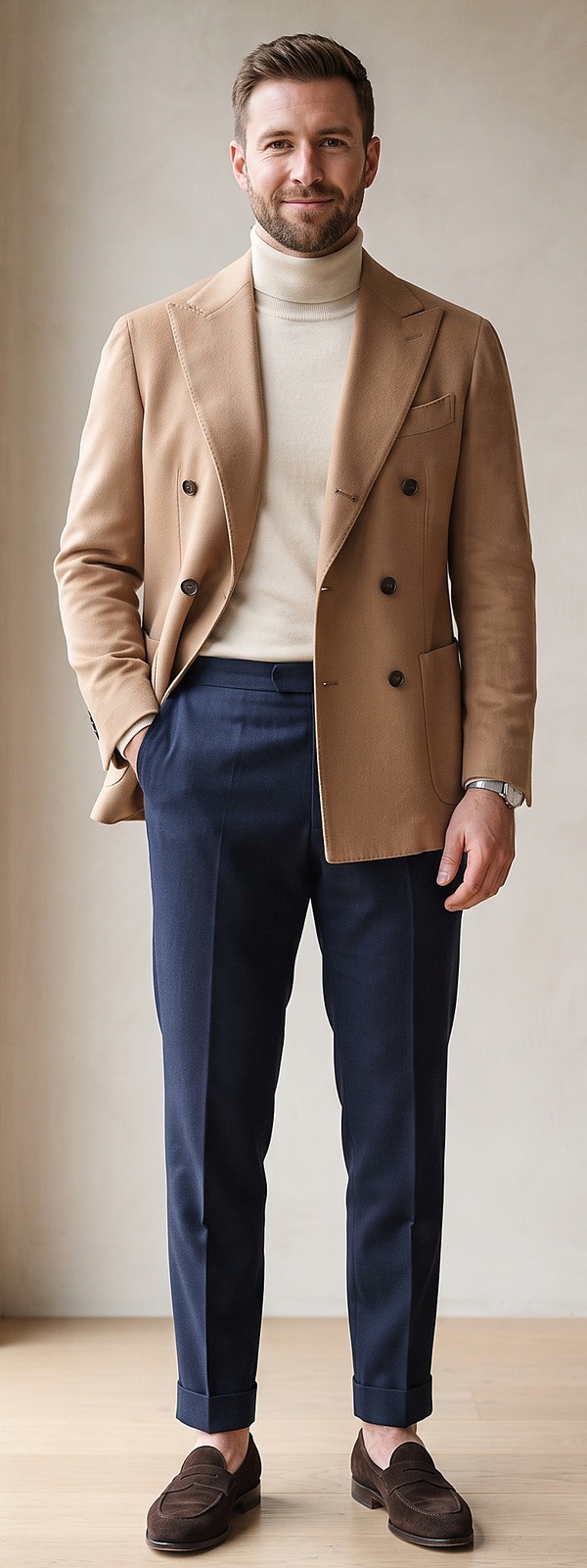 Camel Double Breasted Blazer Cream Turtleneck and Navy Dress Pants Outfit