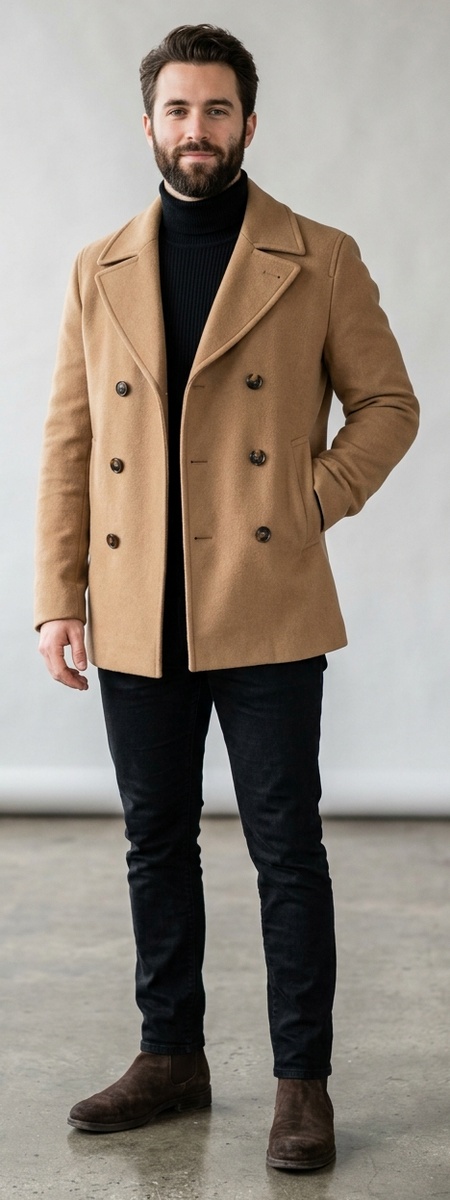 Camel Tan Double-Breasted Wool Peacoat with Black Ribbed Turtleneck and Slim Black Jeans