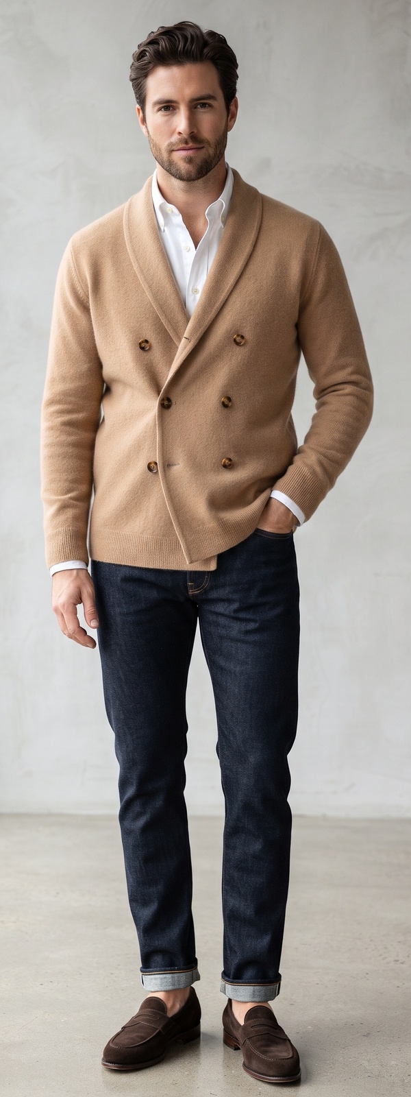 Camel Double Breasted Shawl Cardigan with Dark Wash Jeans