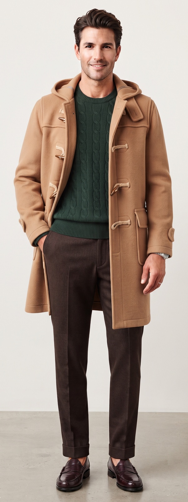 Heritage Camel Wool Duffle Coat Dark Green Cable Knit Sweater and Brown Flannels Look