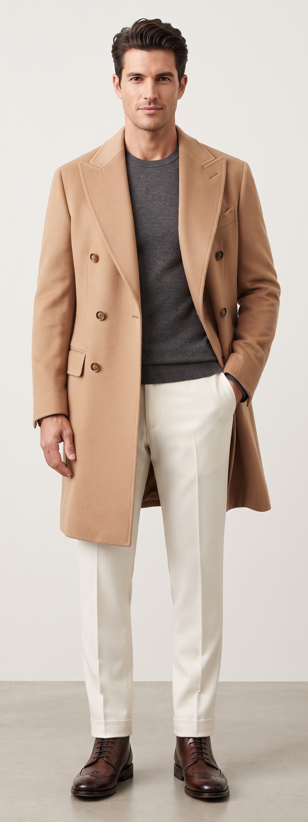 Classic Old Money Camel Polo Overcoat Charcoal Cashmere and Ivory Flannels Look