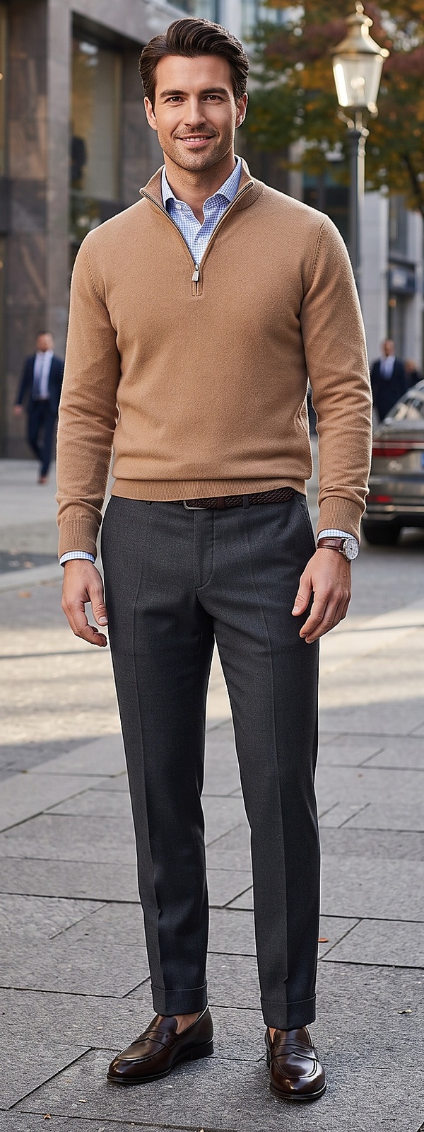 Refined Camel Quarter Zip Sweater and Gingham Shirt Office Style