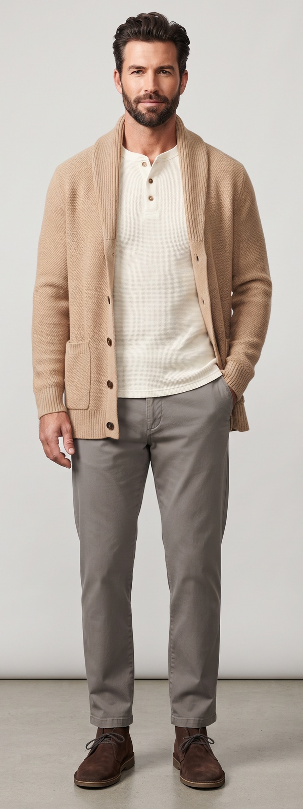 Camel Shawl Cardigan Cream Waffle Henley and Grey Chino Pants Look