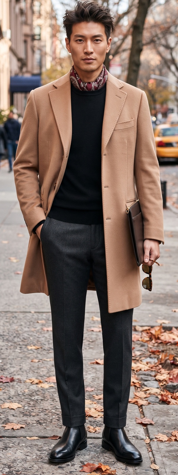 Camel Tailored Overcoat with Silk Paisley Scarf and Charcoal Trousers