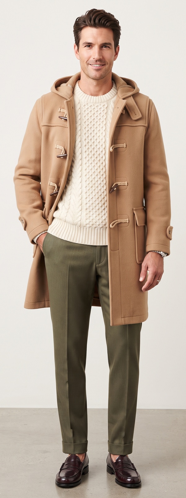 Vintage Sartorial Camel Wool Duffle Coat Cream Cable Knit Sweater and Olive Dress Pants Look