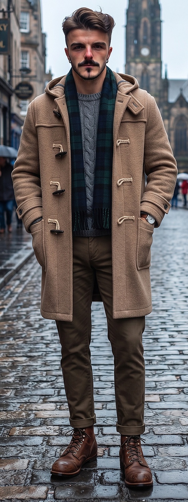 Camel Wool Duffle Coat Tartan Scarf and Olive Chino Pants Ensemble