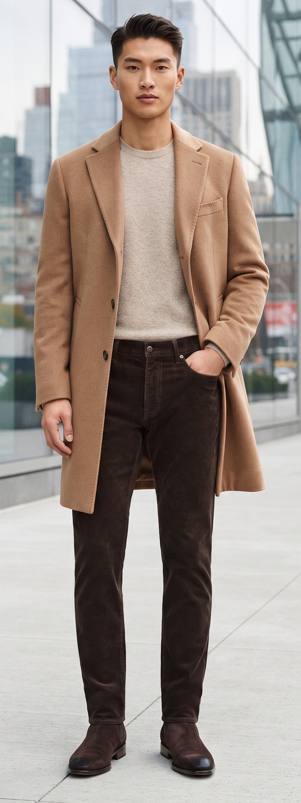 Camel Wool Overcoat with Beige Cashmere Sweater and Brown Corduroy Pants