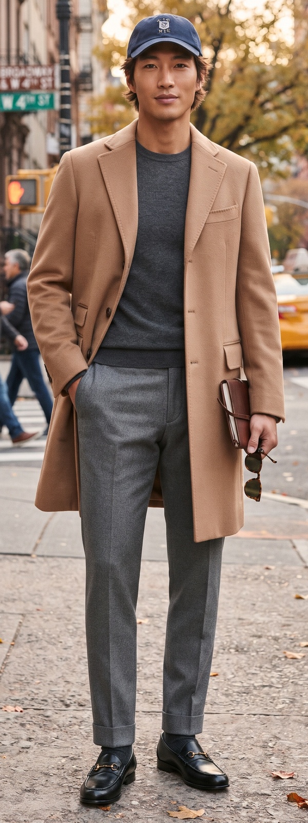 Camel Wool Overcoat with Charcoal Crewneck and Flannel Trousers