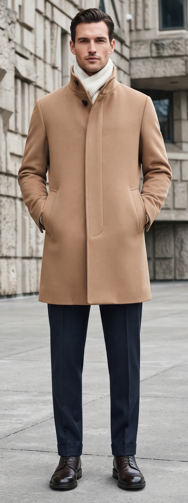 Camel Stand Collar Wool Overcoat with Cream Scarf and Navy Dress Pants