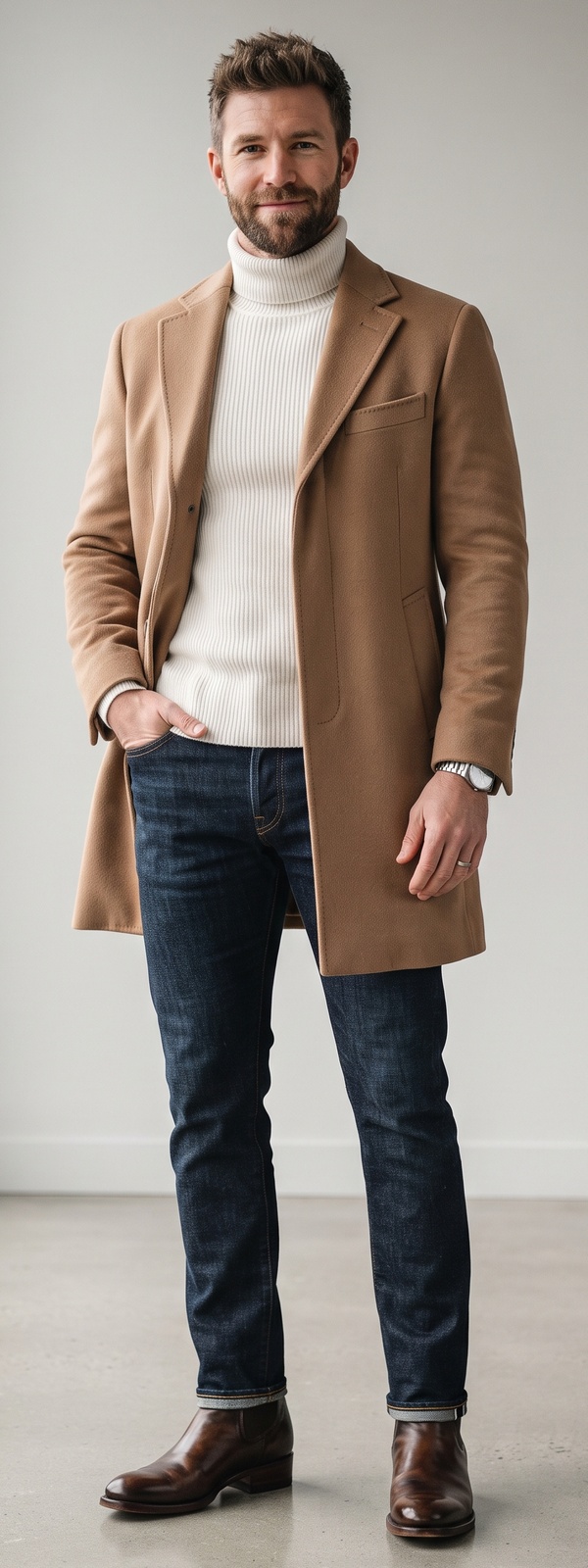 Camel Wool Single-Breasted Overcoat With Cream Ribbed Turtleneck and Dark Jeans