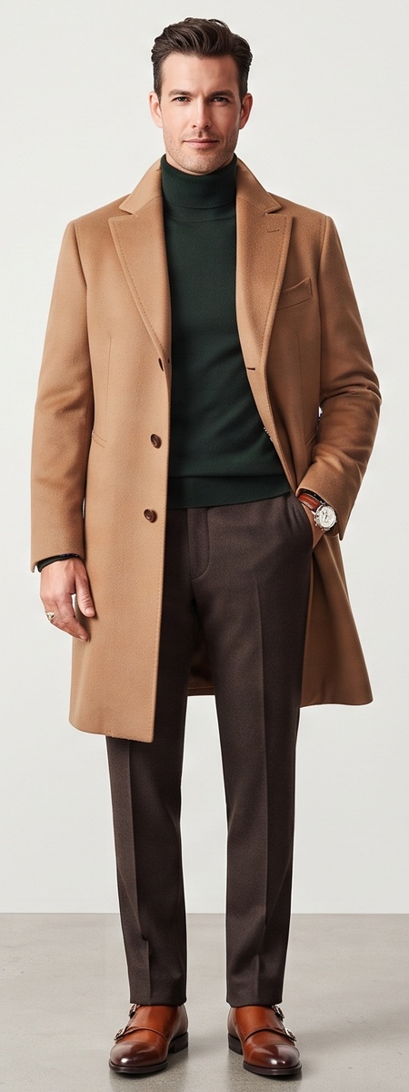 Vintage Sartorial Camel Wool Overcoat Forest Green Turtleneck and Monk Straps Look