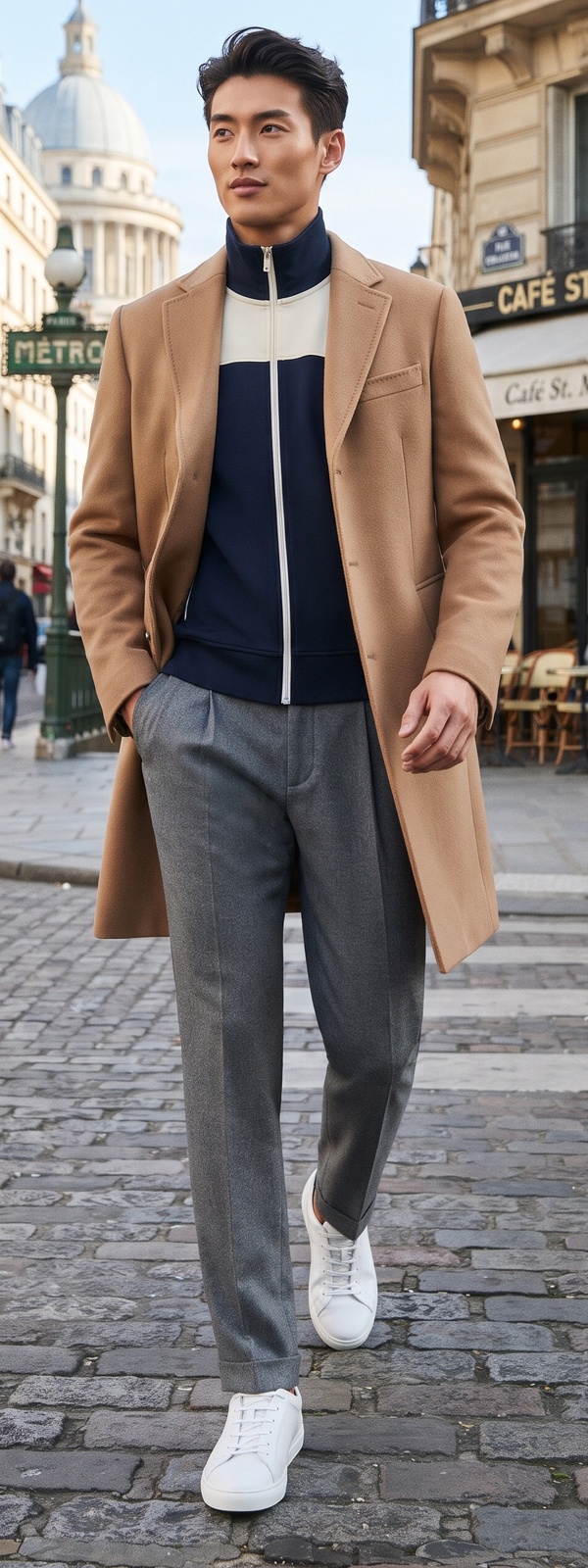 Camel Wool Overcoat, Navy Track Jacket, and Grey Trousers