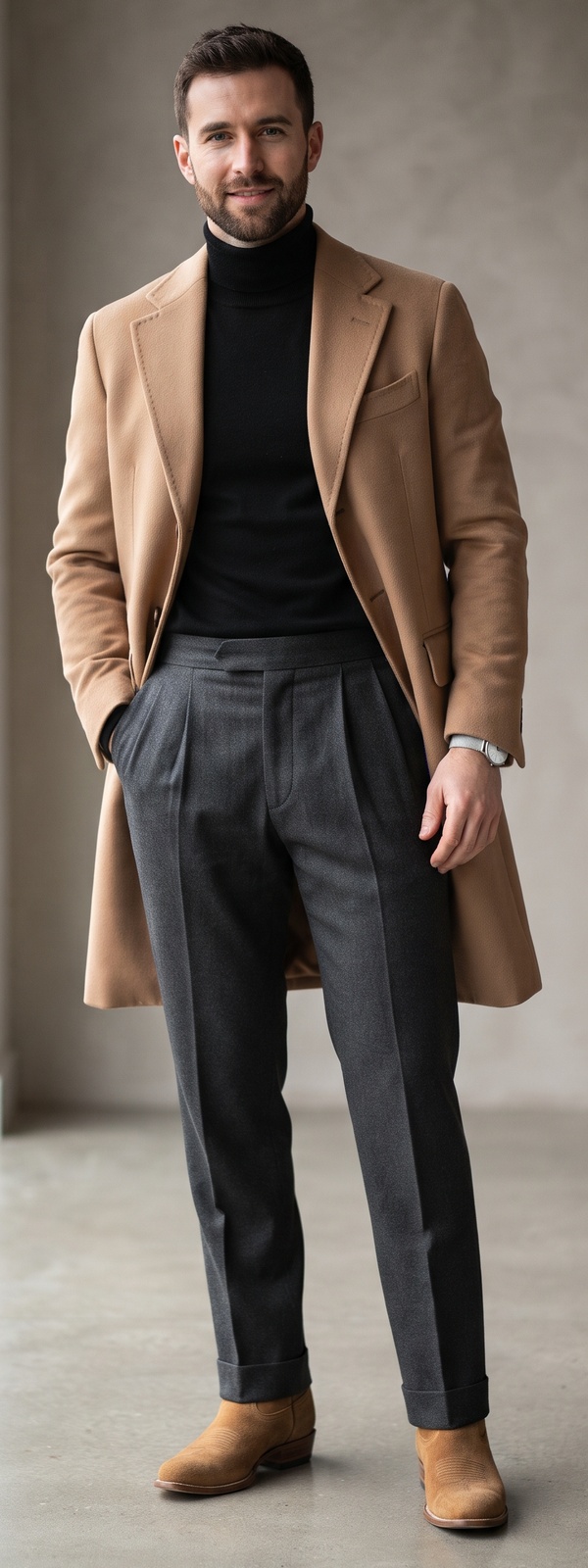 Camel Wool Topcoat with Black Turtleneck and Tan Suede Chelsea Boots
