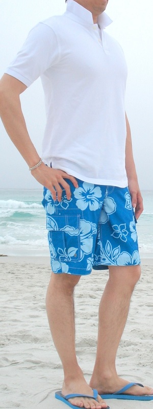 Casual Beach Outfit with White Short Sleeve Polo Shirt, Blue Floral Swim Trunks, and Flip Flops