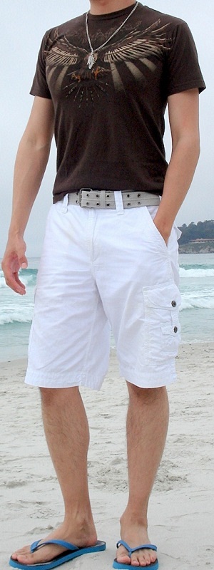 Casual Beach Style Brown Eagle Graphic Tee with White Cargo Shorts and Sandals