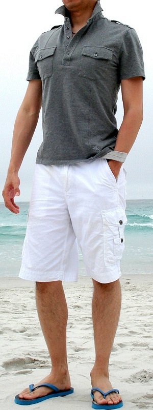 Casual Beach Style Charcoal Grey Polo Shirt with White Cargo Shorts