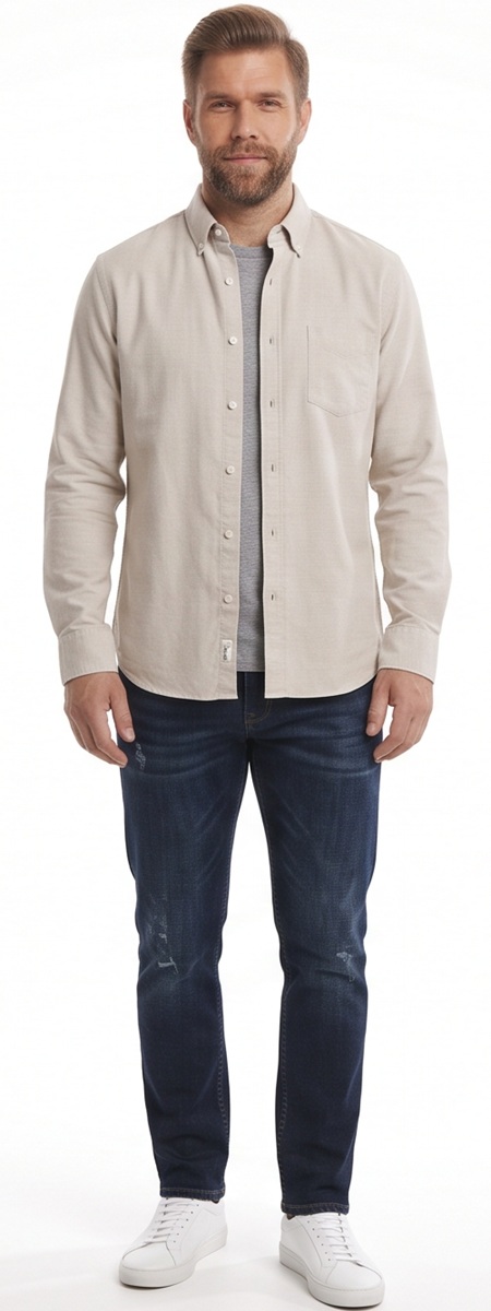 Casual Beige Button Down Shirt and Dark Blue Jeans Outfit