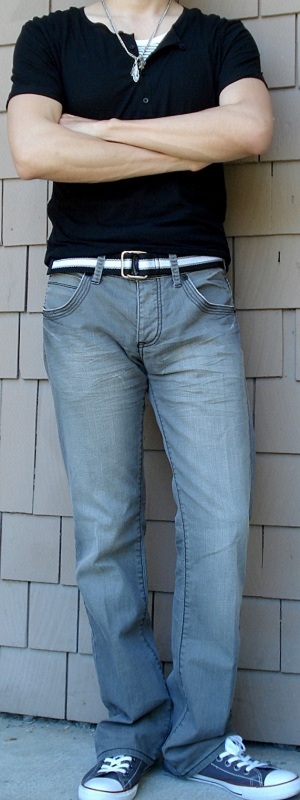 Casual Black Short Sleeve Henley Shirt with Grey Straight Leg Jeans and Canvas Low Top Sneakers