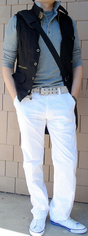 Casual Black Utility Vest with Grey Polo Shirt White Chino Pants and Canvas Sneakers Outfit