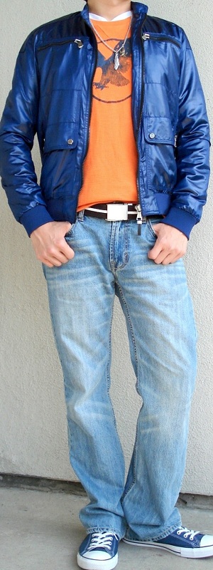 Casual Blue Windbreaker Jacket with Orange Graphic Tee and Light Wash Jeans Outfit