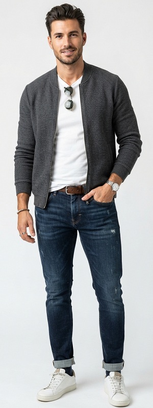 Casual Charcoal Knit Bomber Jacket with White V-Neck T-Shirt and Distressed Jeans Outfit