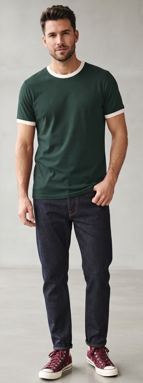 Casual Forest Green Ringer Tee with Dark Indigo Jeans and Sneakers