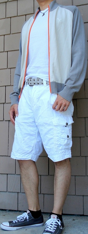 Casual Grey Track Jacket with White Cargo Shorts and Low Top Sneakers