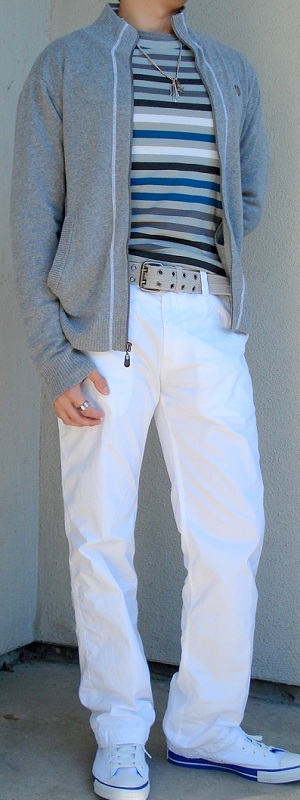 Casual Grey Zip Cardigan Sweater with Striped T-Shirt White Chino Pants and Silver Ring Outfit