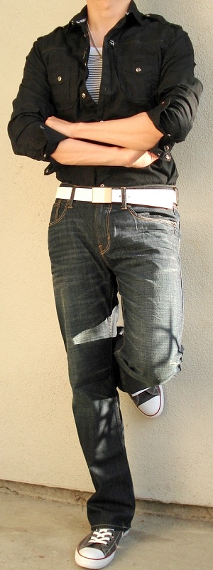 Casual Layered Black Button-Down Shirt with Striped Tank Top and Dark Wash Jeans Outfit