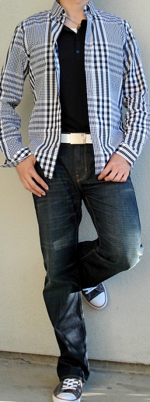 Casual Layered Black Checkered Shirt over Black Henley with Dark Wash Jeans Outfit
