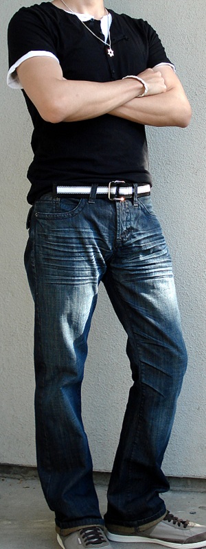 Casual Layered Black Henley Shirt with Faded Blue Jeans