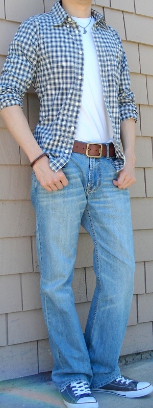 Casual Layered Blue Plaid Shirt with Light Wash Jeans Outfit