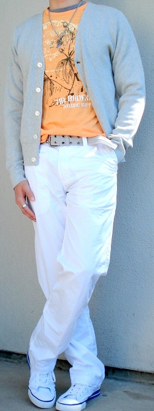 Casual Layered Grey Cardigan Sweater with Orange Graphic Tee and White Pants
