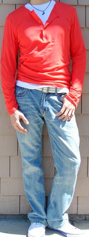 Casual Layered Orange Henley Long Sleeve Shirt with Light Wash Jeans