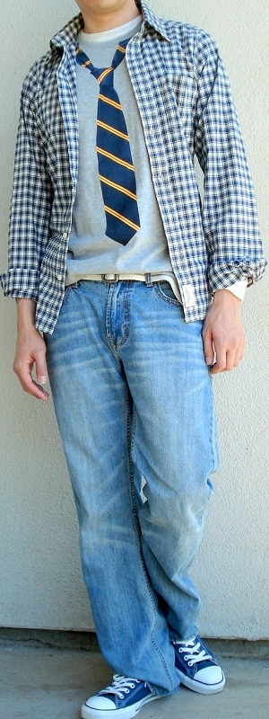 Casual Layered Plaid Button Down Shirt with Grey Tee Navy Striped Tie and Light Wash Jeans Outfit