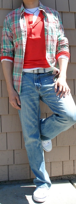 Casual Layered Plaid Shirt with Orange Henley and Light Wash Jeans
