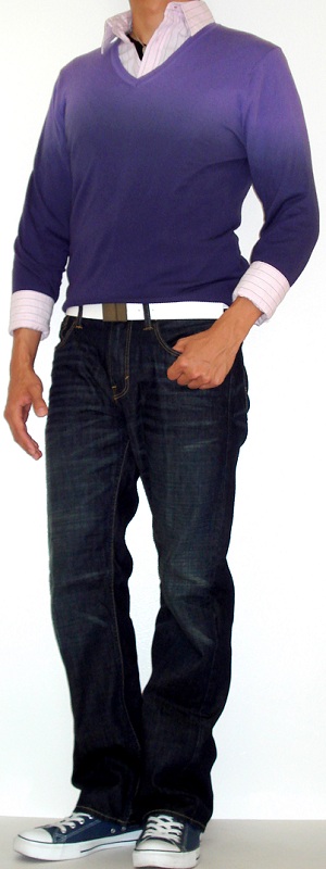 Casual Layered Purple Ombre Sweater with Pink Striped Shirt and Dark Wash Jeans Outfit