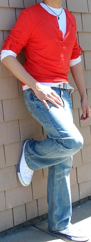 Casual Layered Red Henley and Light Wash Bootcut Jeans Weekend Outfit