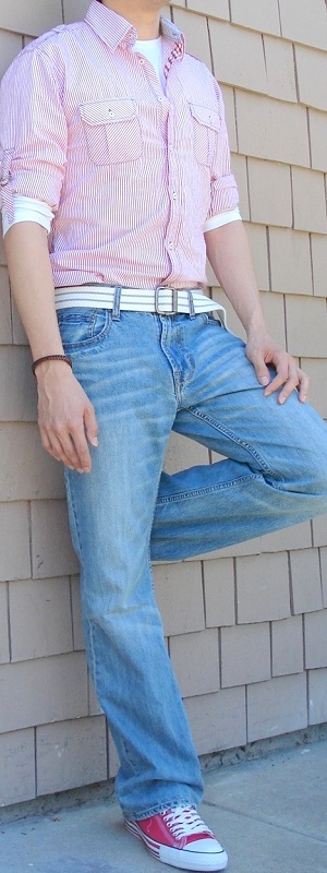 Casual Layered Red Striped Shirt over White Long Sleeve Tee with Light Wash Jeans Outfit